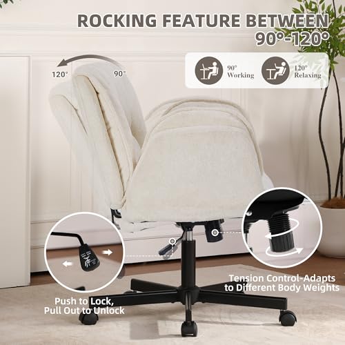 Image of Criss Cross Chair with Wheels & Outward-Folding Arms, Cross Legged Office Chair, Built-in Dynamic Airbag Lumbar Support, Wide Seat Desk Chairs for Home Office, Apartment, Vanity, Beige