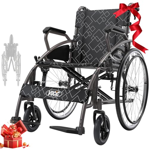 VOCIC Rollstuhl faltbar leicht bis 150KG 17KG Faltbarer Outdoor Rollstuhl Doppelbremsen Transportrollstuhl klappbar mit Selbstantrieb für Erwachsene Pannensicher Reifen