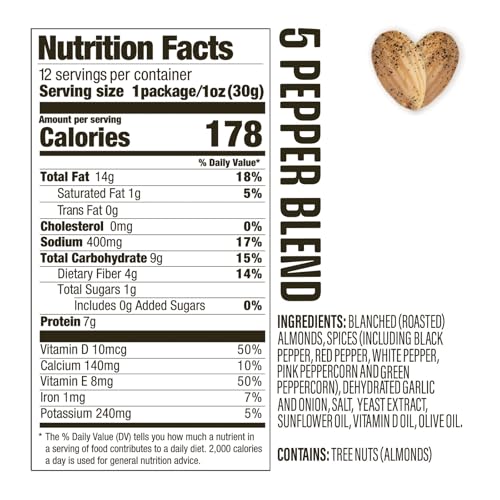 Image of AlmondRx | Heart Healthy Skinless Lightly Salted California Almond Snack Packs | Fortified with Vitamin D | Plant Protein | Keto | Vegan | No Sugar Added (12 Ounce (Pack of 1), 5 Pepper Blend)