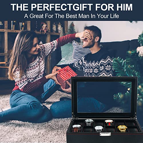 Pengup Watch Box Organizer For Men,12 Slots Carbon Fiber Watches Holder Display Storage Case With Glass Lid,Red Line #TOP5