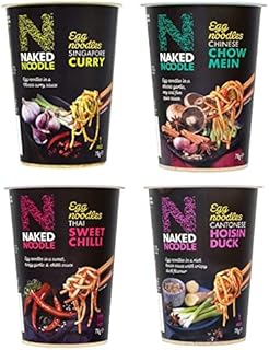 Naked Noodle Pots 4 Flavour Egg Noodle Collection 1x Singapore Curry, 1x Chinese Chow Mein, 1x Hoisin Duck and 1x Thai Sweet Chilli Ready in Just 4 Minutes