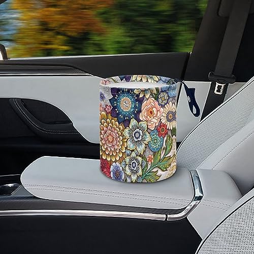 Image of Boho Flowers Car Trash Can Waterproof Auto Vehicle Garbage Organizer Bag Hanging Car Waste Basket Holder for Front Seat Back, Seat, Floor, Headrest