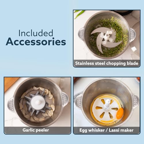 AGARO Delite Vegetable & Meat Chopper for Kitchen, Garlic Peeler, Egg Whisker, 2L Bowl, 400W Motor, 3 Speed Settings, Meat Grinder, Vegetable Mixer, Stainless Steel Body, Onion, Garlic, Fruits. 4 51AADdWz5UL