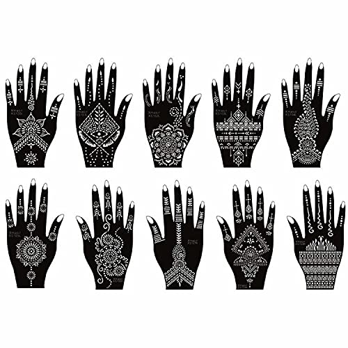XMAISR 10 Sheets Tattoo Stencils Set, Hand Temporary Tattoo Temples, Reusable Indian Arabian Tattoo Stickers Stencils for Women Hands