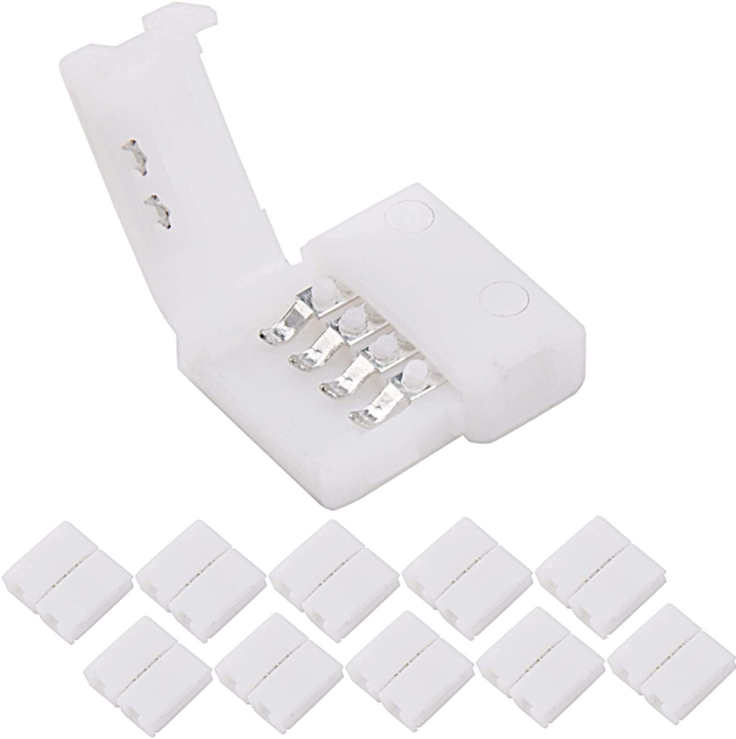 10 Pcs 4-Pin RGB LED Light Strip Connectors ZPT Electronics PBC 10mm Wide Gapless LED Tape Light Clips Solderless Adapter Connectors for SMD 5050 Multicolor LED Strips (White)