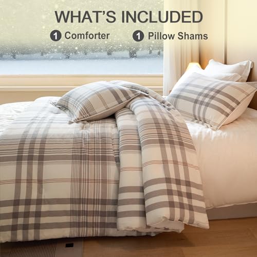 Image of 100% Cotton Comforter Set Twin Size - Reversible Yarn-Dyed Checkered Design, Soft Washed Cotton on Both Sides, Lightweight All-Season Bedding, Machine Washable(Grey White Plaid, 68 inchx90 inch)