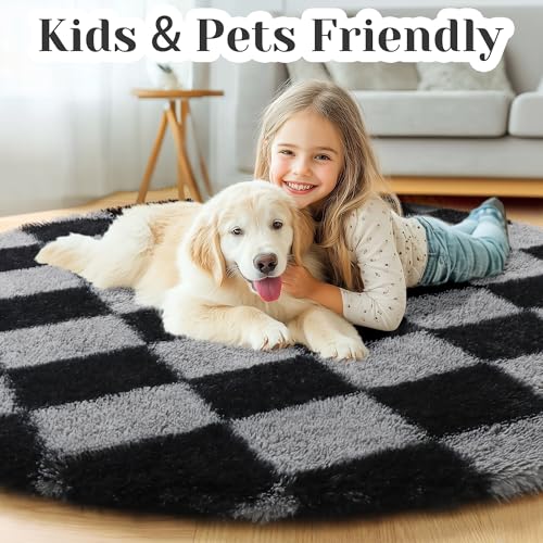Image of KICMOR Round Rugs 6ft Black and Grey Circle Area Rug, Fluffy Soft Fuzzy Shag Shaggy Bedroom Living Room Carpet, Indoor Checkered Circular Rug for Teen Kids Boys Girls Home Decor Aesthetic, Nursery