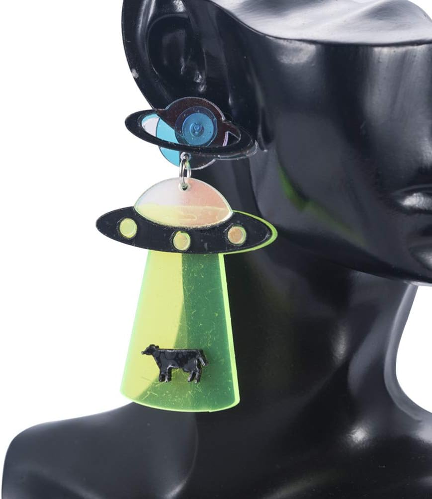 Space Earrings Weird Earrings Cute Aliens UFO Spaceship Studs Acrylic Cow Jewellery Halloween Costume Accessories for Women Girl - Image 5