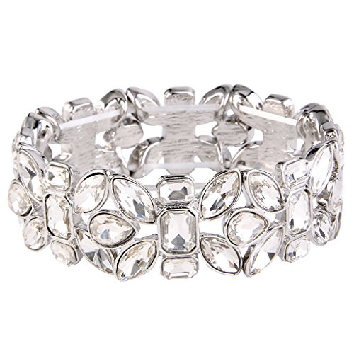 EVER FAITH Women's Austrian Crystal Leaf Teardrop Wedding Elastic Stretch Bracelet Clear Silver-Tone