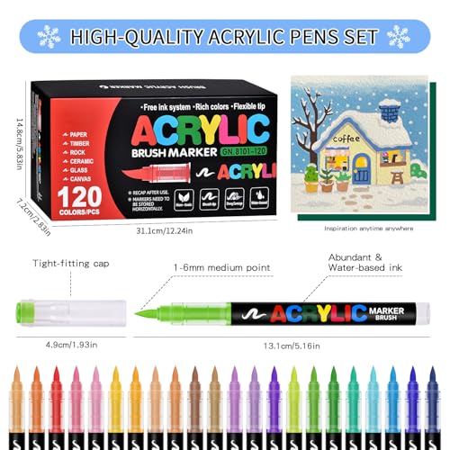 Image of Acrylic Paint Markers Brush Tip 120 Colors, Automatic Ink Control System, Premium Acrylic Paint Pens for Canvas, Rock Painting, Glass, Wood, Ceramic Surfaces, DIY Crafts (Includes Replacement Nibs)