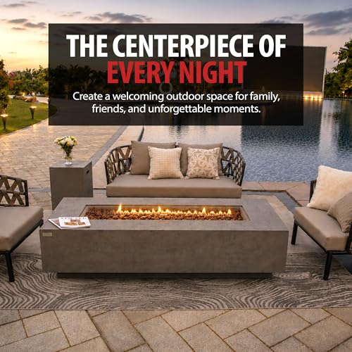 Image of AMS Creations | Savanah 72 inch Rectangular Cast Concrete Propane Gas Fire Pit Table | Light Gray | Travertine Texture Surface | Electronic Ignition | Outdoor Patio Heater Outside Backyard Fireplace