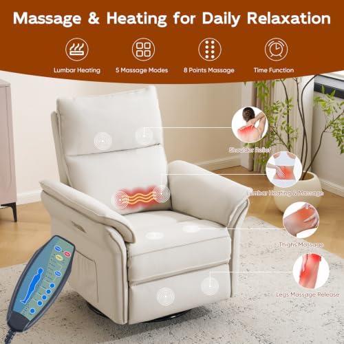 Image of Swivel Rocker Recliner with Auto Rocking,Power Recliner Nursery Chair with Massage and Heat,Glider Recliner Nursery Chair for Living Room,Beige