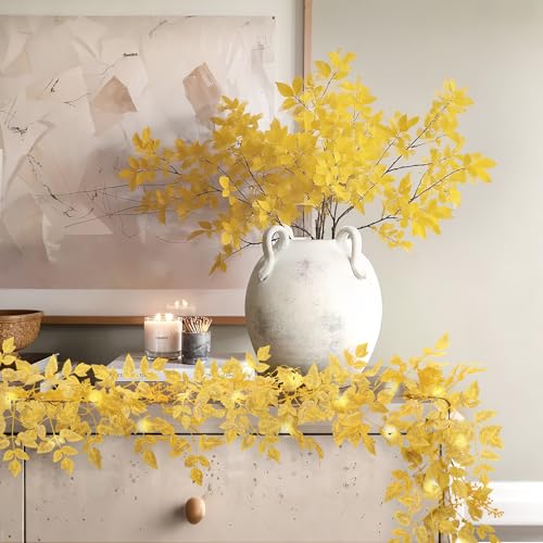 Image of Neutral Fall Garland for Mantle Fireplace - 2 Pack 6Ft Plum Cimicifuga Seeded Leaf Garlands Yellow Autumn Decor Table Decorations for Home Indoor Door Halloween Realistic Leaves Garlands Outdoor