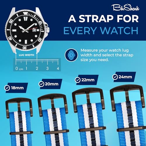 Image of BluShark - Original Collection Military-Style Waterproof Watch Strap, Fits All Timepiece Brands, Durable Nylon Wristwatch Accessories with Stainless Steel Buckle - 18mm, 20mm, 22mm & 24mm Watch Bands
