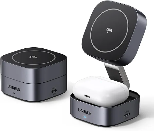 UGREEN MagFlow Qi2 Magnetic Foldable Charging Station, 2-in-1 Fast Wireless Charger Compatible with iPhone 17/17 Air/17 Pro/17 Pro Max 16 15 14 13 12, Airpods3 2 Pro (No AC Adapter), Dark Gr