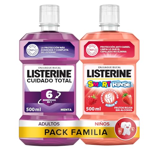 Listerine Family Pack Cuidado Total + Smart Rinse (2 x 500 ml), set de limpieza bucal con 2 enjuagues bucales, elixir bucal Cuidado Total con 6 beneficios en 1, colutorio Smart Rinse para niños 6+