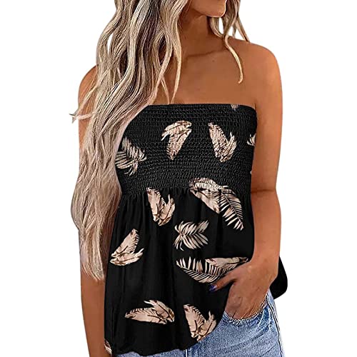 Damen Trägerlose Tank Tops Ärmellose Plissee Pullover Damen Sommer Loose Fit Tops (Brown Feather, XL) Cover