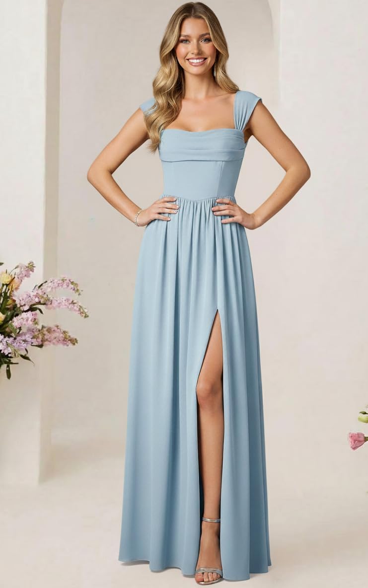 Chiffon Cap Sleeve Bridesmaid Dresses Long A Line Pleated Square Neck Split Evening Party Gown with Pockets - Image 4