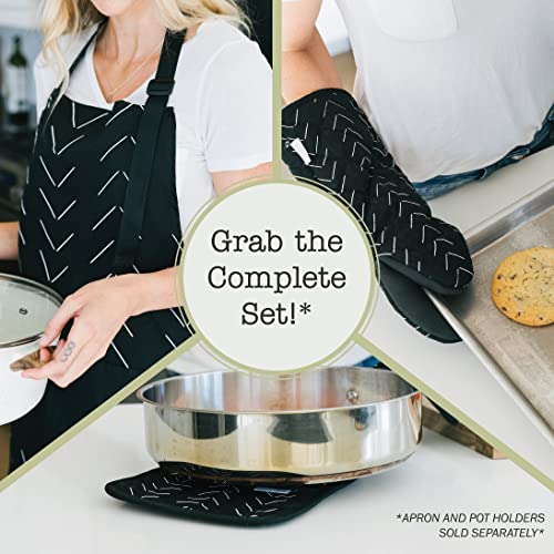 Sage+Stitch Heat Resistant Designer Kitchen Oven Mitts With Neoprene Non-Slip Grips And Hanging Loops | Set Of 2 100% Cotton Long Sleeve Kitchen Oven Mitts | 5.5" X 12" | Black #TOP6