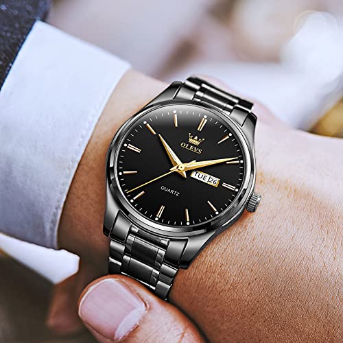 Image of Men's Casual Stainless Steel Watch, Big Face Easy to Read Analog Quartz Watch with Day and Date, Classic Waterproof Diamond Roman Arabic Numerals Dial Dress Watch for Men, Gold Silver Black Band
