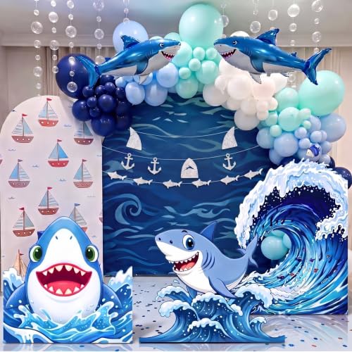 Image of 3 Pcs Shark Birthday Party Decorations Set, Huge Shark Ocean Wave Standee for Summer Ocean Baby Shower Party Under The Sea Photo Backdrop
