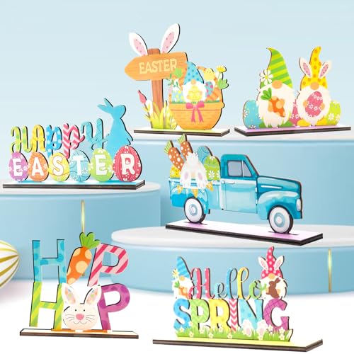 6-Pcs-Easter-Bunny-Tabletop-Decorations-Happy-Easter-Egg-Truck-Wooden-Signs-Gnome-Rustic-Table-Centerpiece-for-Home-Ornament-and-Tiered-Tray-Home-Party-Favor-Spring-Indoor-Decorations 6 Pcs Easter Bunny Tabletop Decorations Happy Easter Egg Truck Wooden Signs Gnome Rustic Table Centerpiece for Home Ornament and Tiered Tray Home Party Favor Spring Indoor Decorations