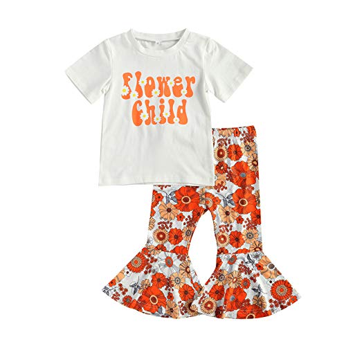 Sdghg LZM-TW5SCZX1A1 Kid Toddler Girl Outfit Short Sleeve Letter T-Shirt Top Flower Print Flare Pants 2Pc Spring Summer Clothes Set cover