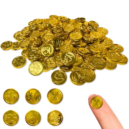 NILLOS Pirate Coins, 96 PCS Mini Plastic Gold Coins with Face Value for Board Games, Treasure Hunt Game(1 cm/0.39 in)