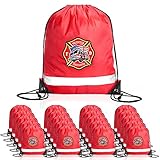 Xinnun 20 Pcs Firefighter Drawstring Bags for Kids, Reflective Fire Truck Party Favors, Bulk Birthday Goodie Bags, Fireman Theme Party Supplies & Classroom Rewards, Red