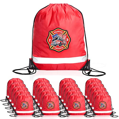Xinnun 20 Pcs Firefighter Drawstring Bags for Kids, Reflective Fire Truck Party Favors, Bulk Birthday Goodie Bags, Fireman Theme Party Supplies & Classroom Rewards, Red
