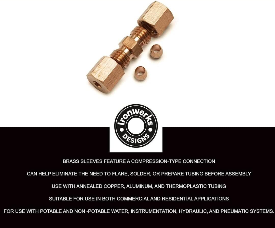 Ironwerks 3/16" OD Tube Both Ends Lead-Free Brass Compression Union Fitting, Use With Copper, Aluminum, Plastic Tubing, Watertight Seal Waterlines or Air Pneumatic Lines- 2 Pack