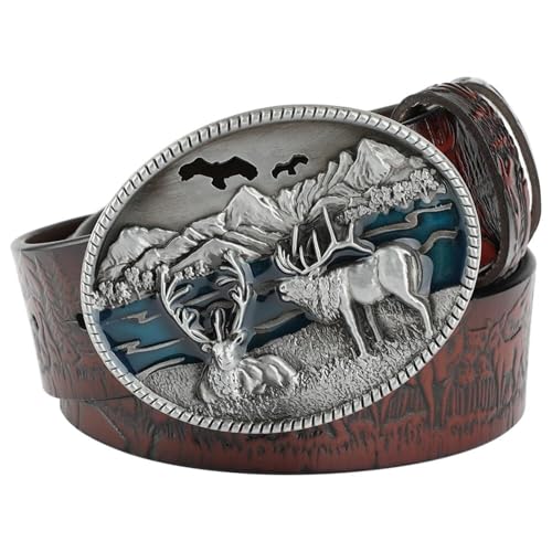 Ceinture en cuir véritable style western avec boucle sculptée cerf en relief fait main