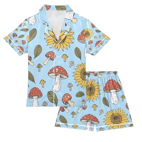 senya Mushroom and Sunflower Satin Summer Pajama Sets Silk Short Sleeve Button Down Sleepwear