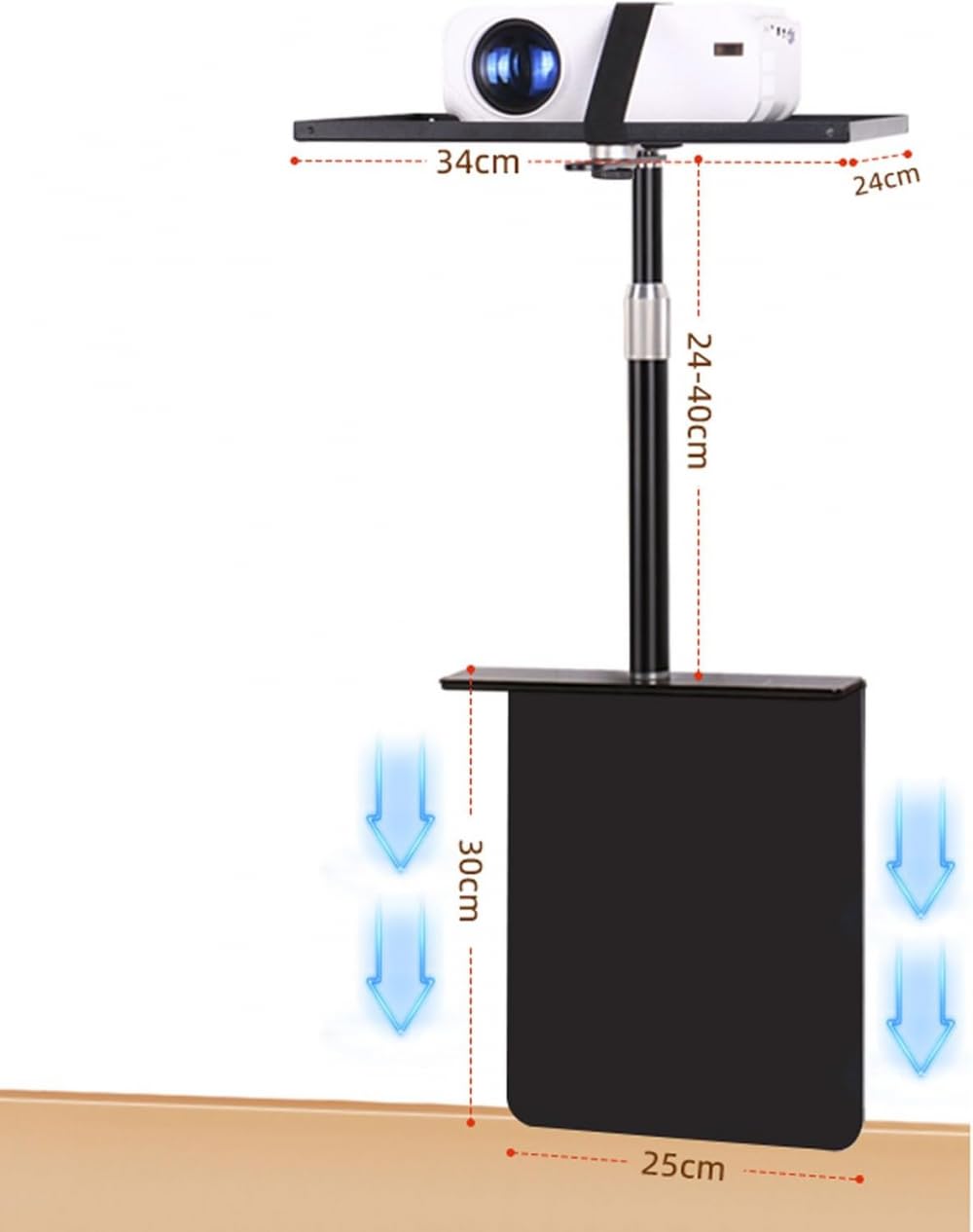 Soporte Proyector Suelo Altura Regulable Elevador Ordenador Portátil Universal Ruedas Bandeja Notebook Mesa Palo Extensible 24-40CM,para CCTV/cámara/proyector/Webcam-Black||34 * 24CM