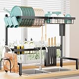 Sakugi シンク上水切りラック 食器乾燥かご 食器置き場 伸縮式【幅68〜86cm】錆びない 自動排水 多機能 包丁・まな板スタンド付き キッチン収納 ラック 組み立て簡単（ブラック）