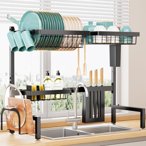 Sakugi シンク上水切りラック 食器乾燥かご 食器置き場 伸縮式【幅68〜86cm】錆びない 自動排水 多機能 包丁・まな板スタンド付き キッチン収納 ラック 組み立て簡単（ブラック） - Sakugi - 商品画像
