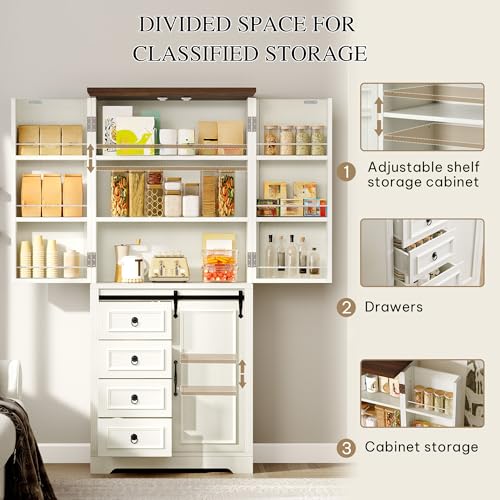 DWVO 71" Kitchen Pantry with Sliding Barn Door & Storage Drawers, Farmhouse Tall Storage Hutch Cabinet with Adjustable Shelves, Versatile Organizers for Living Room, Dining Room, Hallway, Off White