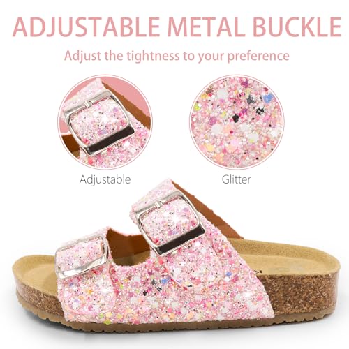 Girls Cork Footbed Slides Sandals Toddler Glitter Summer Non-slip Adjustable Double Buckle Sandals Kid Open Toes Casual Flat Slippers2