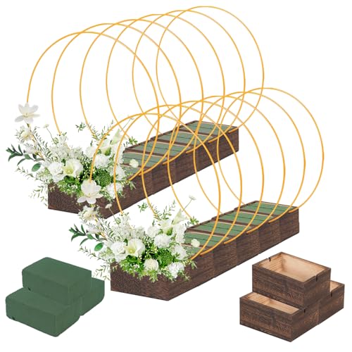 36Pack Floral Hoop Centerpiece Kit 12Pcs 12 Metal Floral Hoop Centerpiece with Stand+ 12Pcs Wood Cube Planter Box + 12Pcs Floral Foam Blocks for DIY Wedding Christmas Party Home Garden Decor