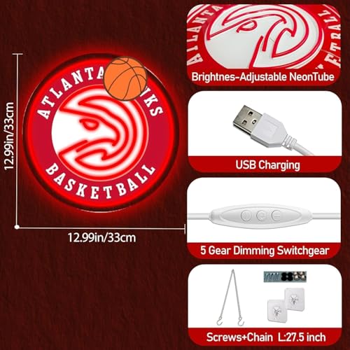 Image of Basketball Team Neon Sign, Sport Light Up Dimmable Basketball Team Logo Hanging USB Powered Led Neon Sign for Wall Decor, Bedroom, Man Cave, Party, Birthday Party Christmas Merch Deco Gift for Boys Teens Fans