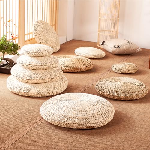 PIDUDU Handgefertigtes gewebtes Bodenkissen, Hockerkissen, rundes Rattan-Sitzkissen, Tatami-Kissen, Yogamatte, dicke Matte, Meditationsmatte, Wurfkissen für Zuhause, Büro, Garten, Innen- und