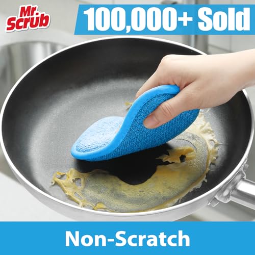Image of Mr. Scrub Sponges Kitchen Dish Sponge for Washing Dishes Cleaning Kitchen, 8 Pack, Non Scratch, Rough Scrubbers Side for Non-Stick Cookware, Soft Microfiber Scrub Side for Dishes, Multicolor