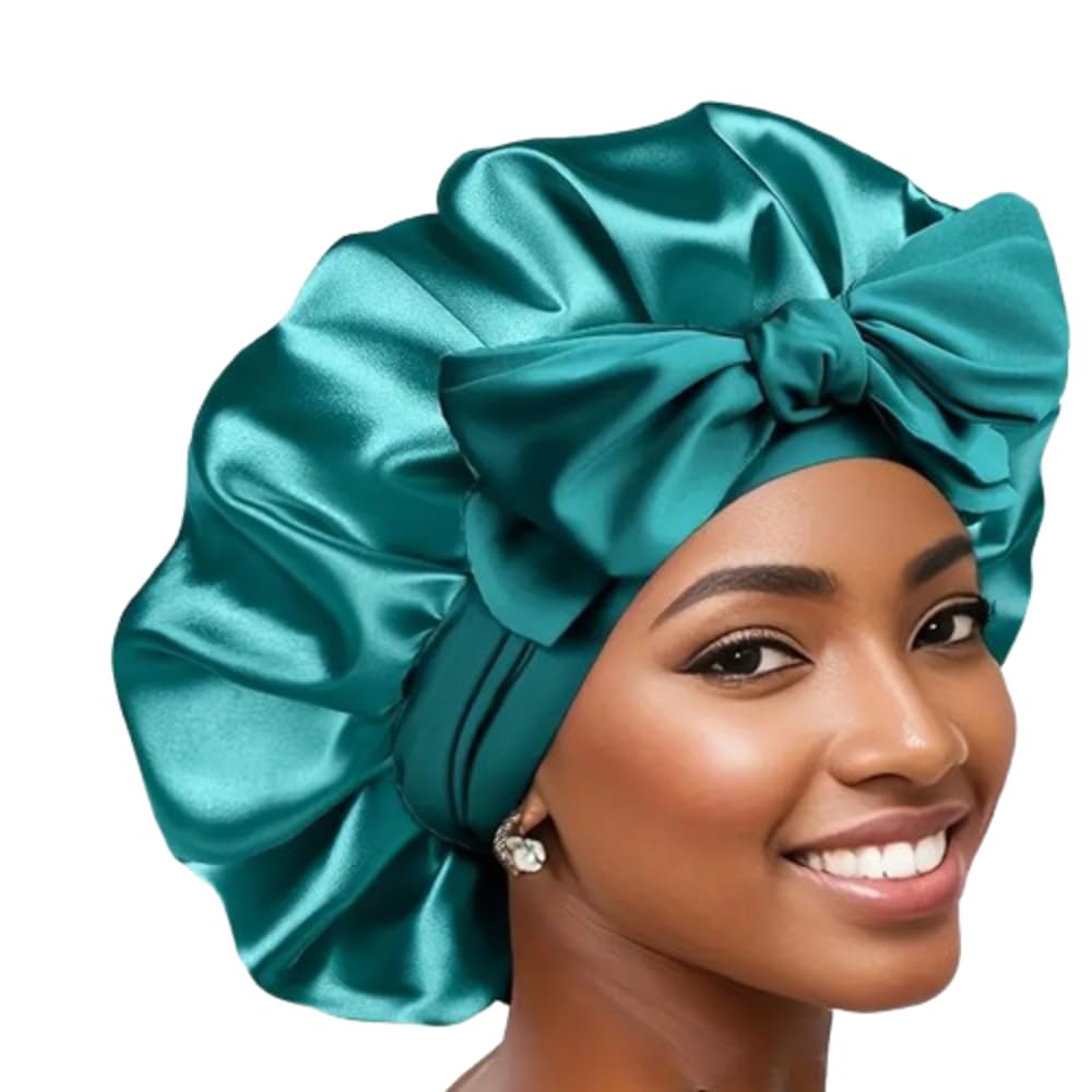 Boolavard Silk Bonnet for Sleeping Women Satin Bonnet Double Layer Satin Lined Hair Bonnet with Tie Band Curly Hair (UK, Alpha, One Size, Teal)