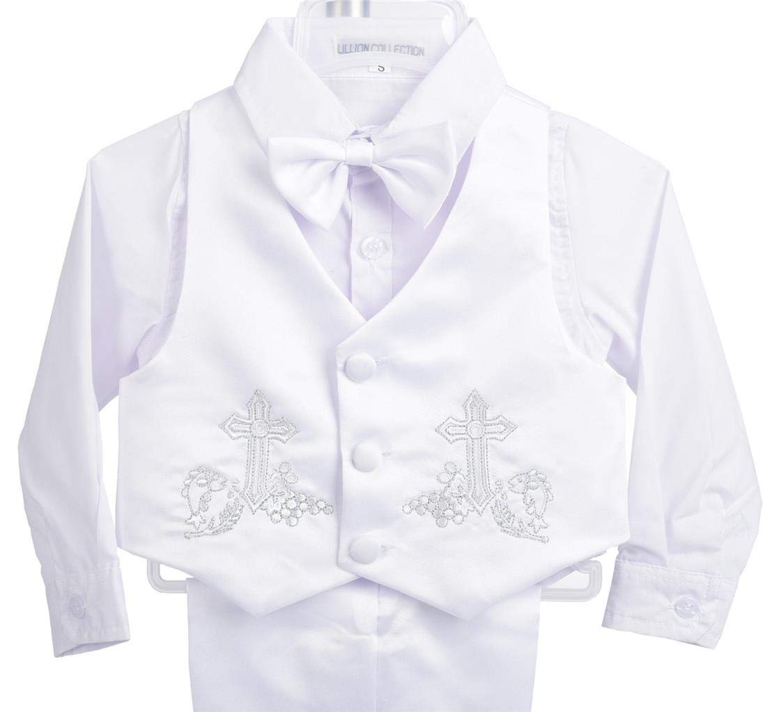 Lito Angels Taufkleidung Taufanzug für Baby Jungen, 5 Teiliges Satin Taufe Weiss Anzug Set mit Taufhaube Hut, Langarm