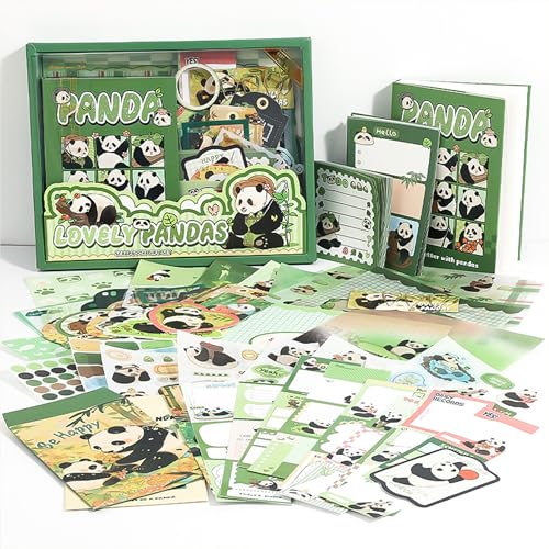 Image of The AutoStory Bear Scrapbook Album A6 Junk Journal Notebook Cute Animal Stickers Bamboo Collage Paper Washi Tape DIY Craft Art Making Stationery Present Teen Girls Set (Lovely Pandas, Green)