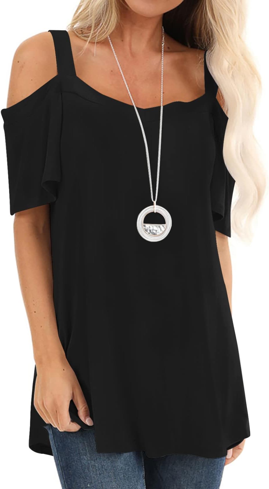 Womens Cold Shoulder Tops Strappy Loose Short Sleeve Blouse Basic V Neck T Shirts