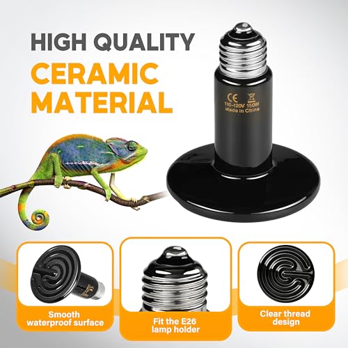 Image of HealSmart 150W Reptile Heat Lamp Ceramic Heat Emitter, No Light Emitting Heat Bulbs, Suitable for Snake /Lizard /Spider, Plant Growth and Incubating Chicken, 2-Pack