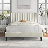 Yaheetech Full Bed Frame Upholstered Platform Bed with Fabric Headboard, Wing Edge Design/Non-Slip and Noise-Free/Wooden Slats Support/No Box Spring Needed/Easy Assembly, Ivory Full Bed