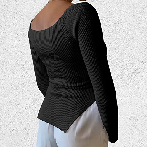 ACOSAP Women's Square Neck Ribbed Knitted Sweater Long Sleeve Crop Slim Fitted Basic Pullover Tops4
