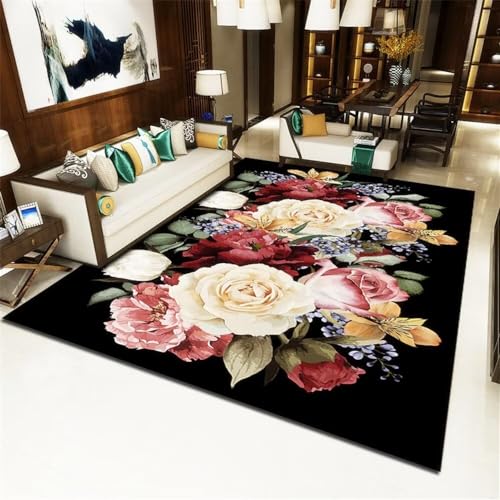 Tapis salon lavable grandes fleurs denses moderne 200x300cm